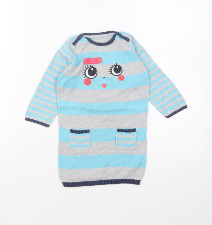 Marks and Spencer Girls Blue Striped Cotton Pullover Jumper Size 9-12 Months Pullover