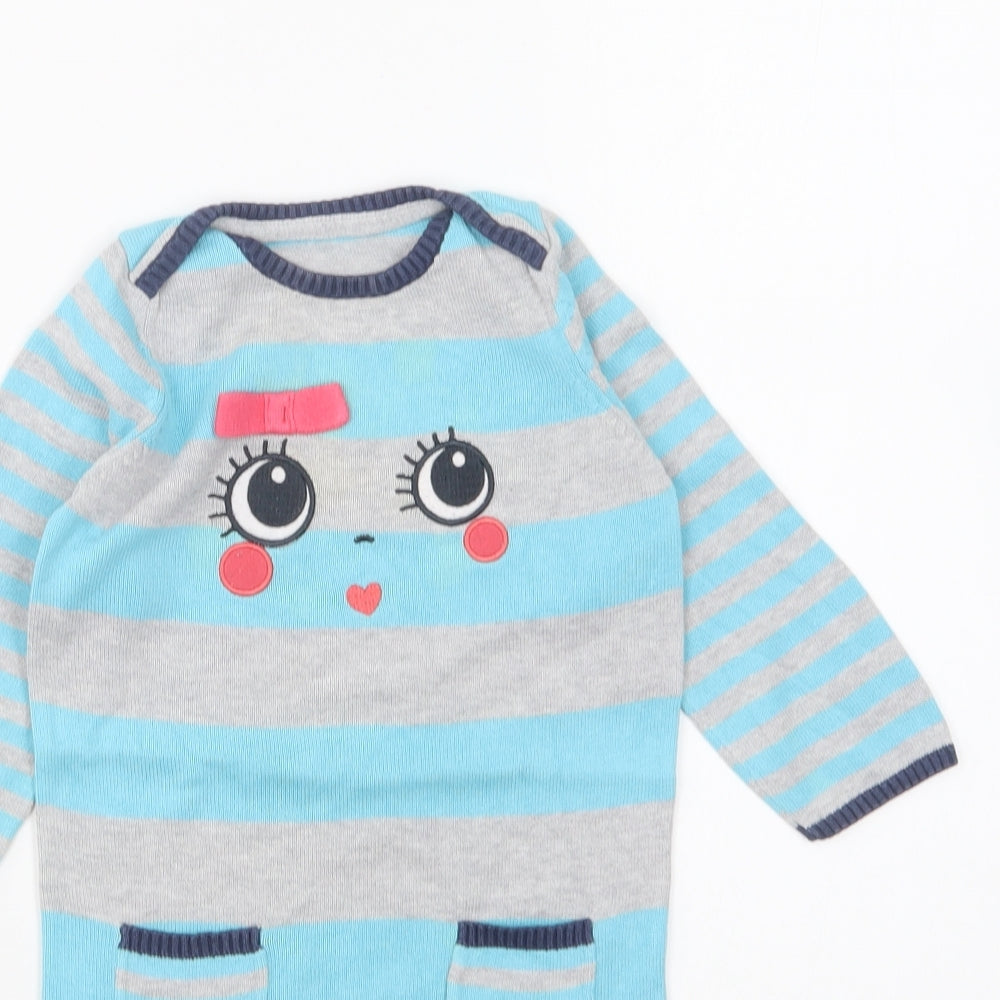 Marks and Spencer Girls Blue Striped Cotton Pullover Jumper Size 9-12 Months Pullover