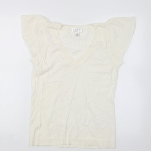 LOFT Womens Ivory V-Neck Rayon Pullover Jumper Size M
