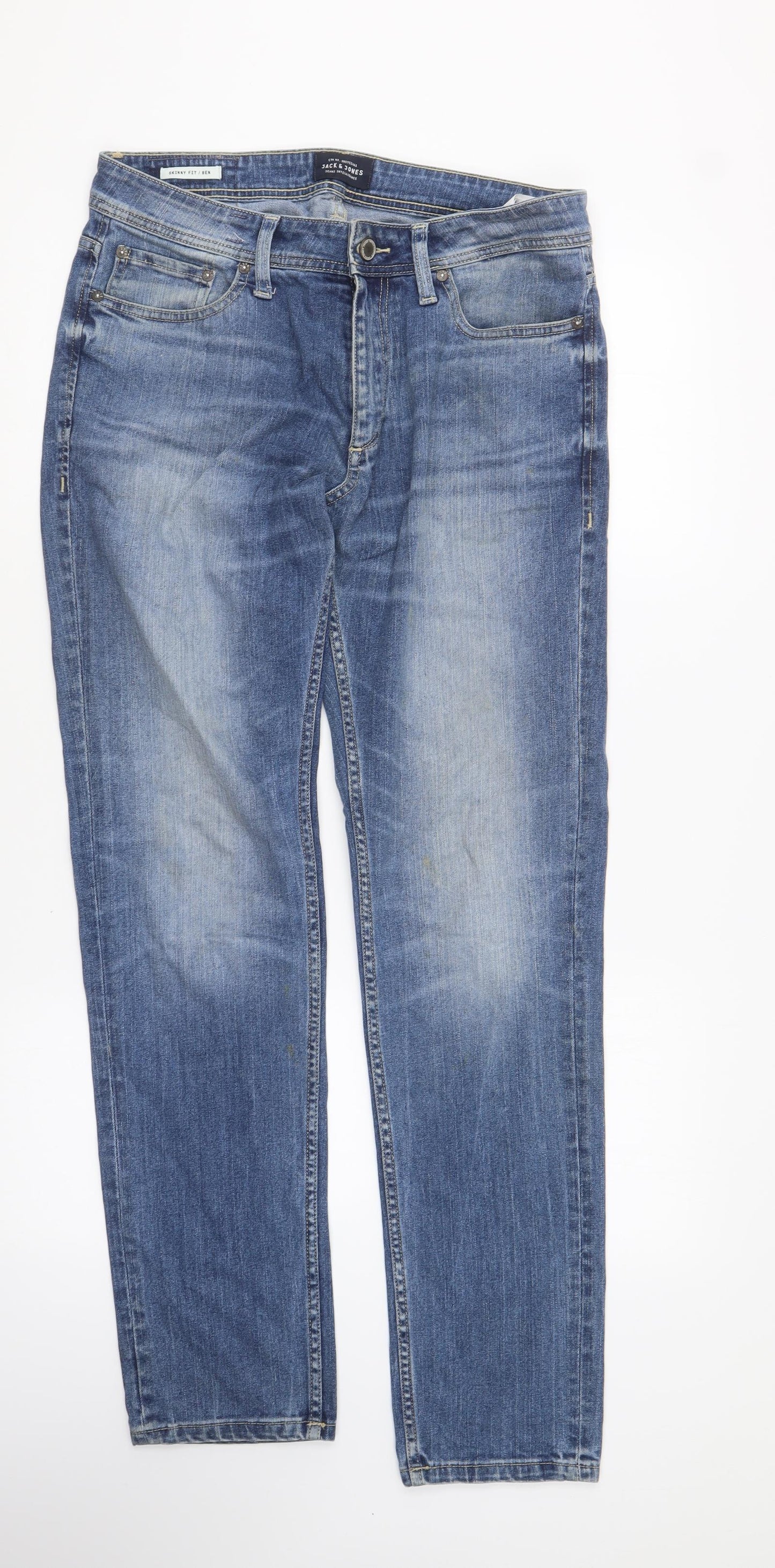 JACK & JONES Mens Blue Cotton Skinny Jeans Size 32 in L32 in Regular Button