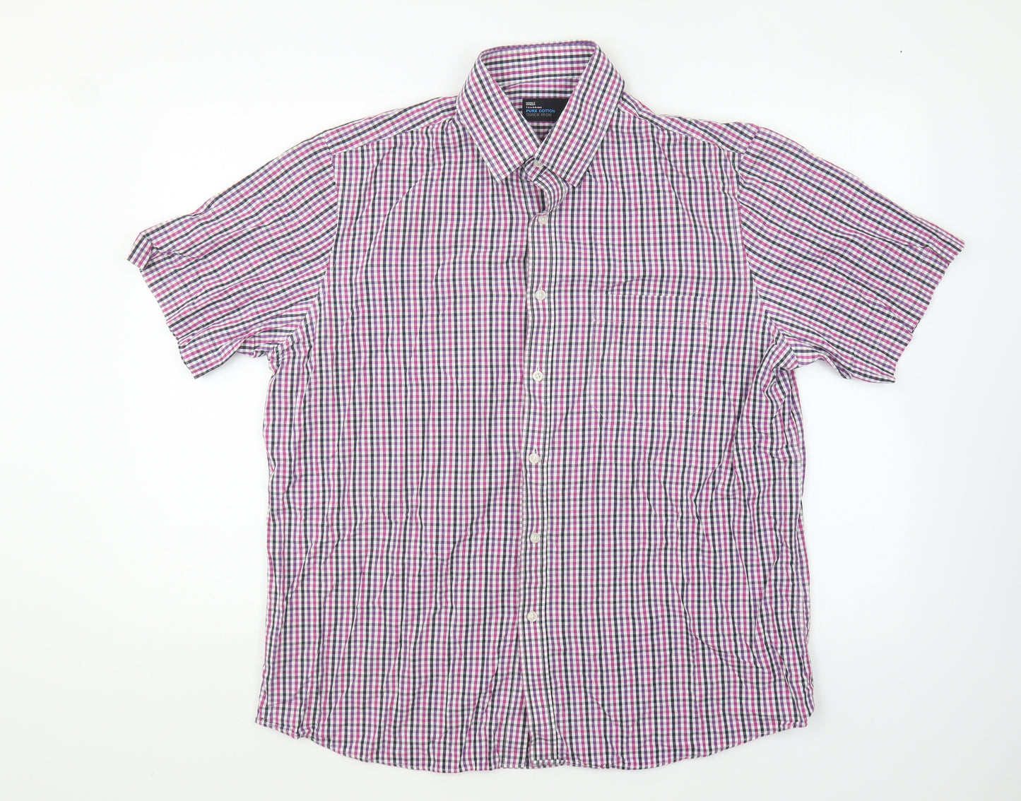 Marks and Spencer Mens Pink Check Cotton Button-Up Size 16.5 Collared Button