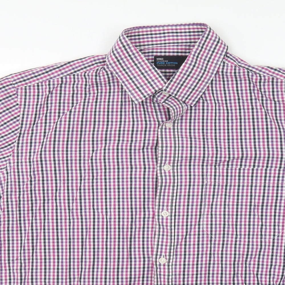 Marks and Spencer Mens Pink Check Cotton Button-Up Size 16.5 Collared Button
