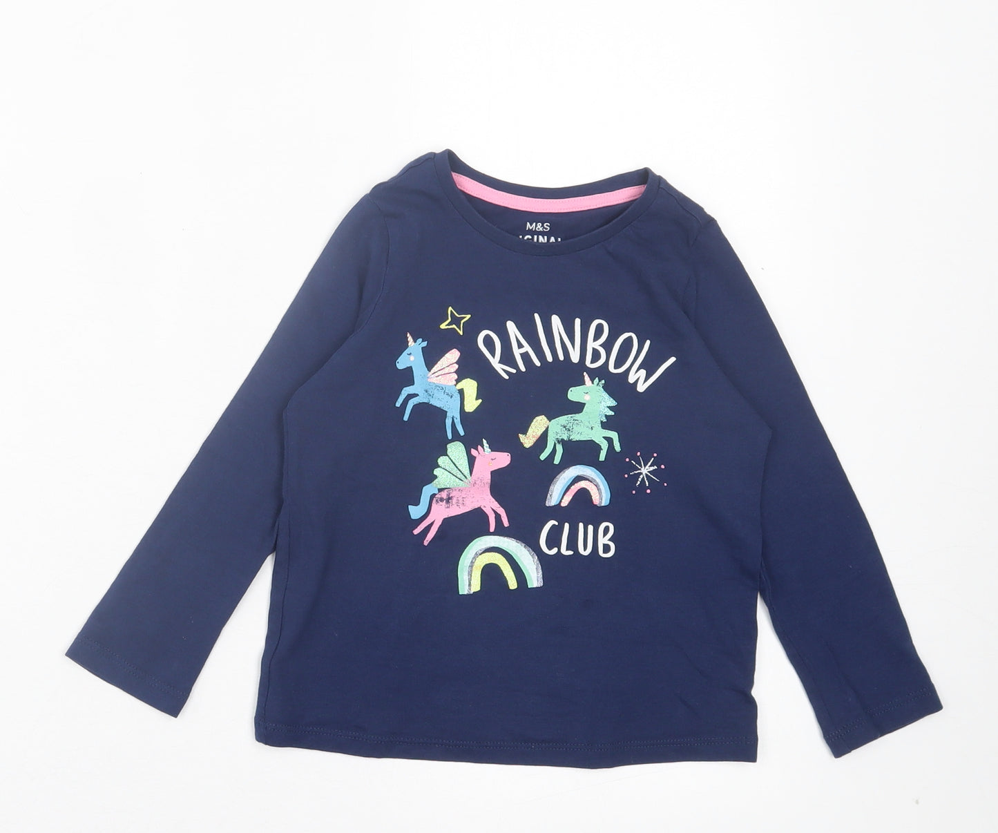 Marks and Spencer Girls Blue Cotton Basic Casual Size 4-5 Years Crew Neck Pullover - Rainbow Club