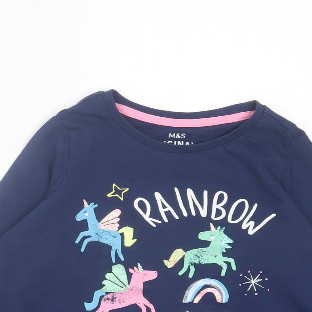 Marks and Spencer Girls Blue Cotton Basic Casual Size 4-5 Years Crew Neck Pullover - Rainbow Club