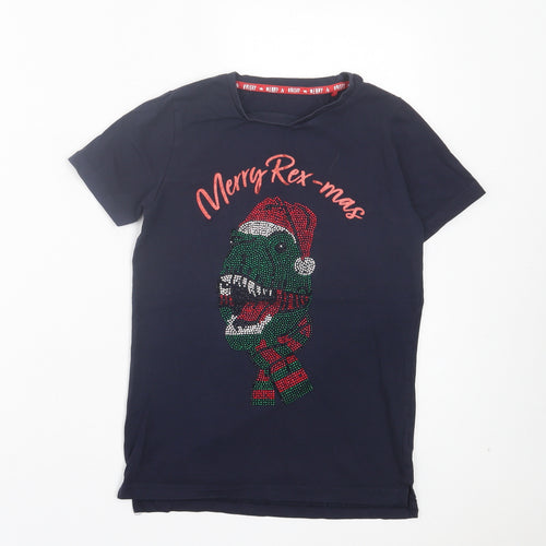 TU Boys Blue Cotton Basic T-Shirt Size 9 Years Crew Neck Pullover - Merry Rex-Mas