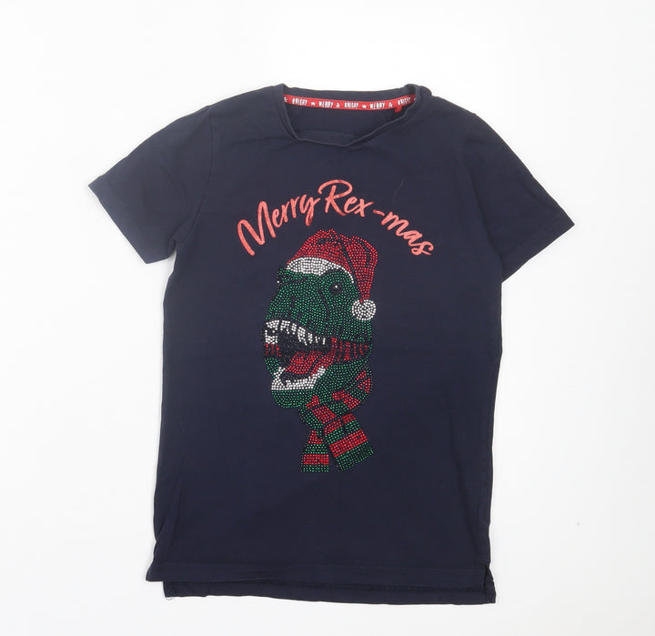 TU Boys Blue Cotton Basic T-Shirt Size 9 Years Crew Neck Pullover - Merry Rex-Mas