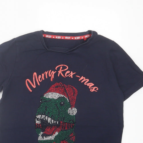 TU Boys Blue Cotton Basic T-Shirt Size 9 Years Crew Neck Pullover - Merry Rex-Mas