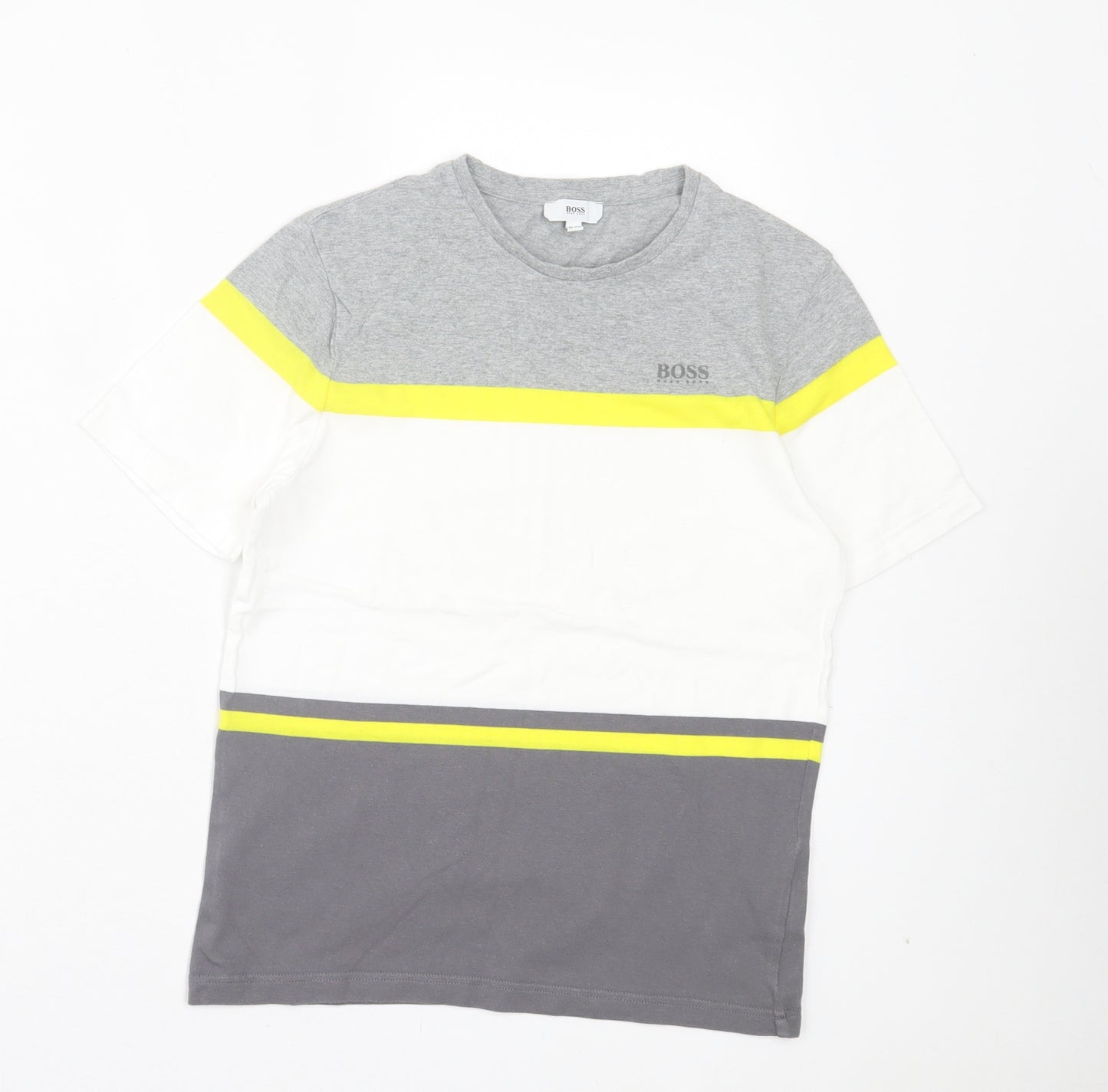 HUGO BOSS Boys Grey Striped Cotton Basic T-Shirt Size 10 Years Crew Neck Pullover