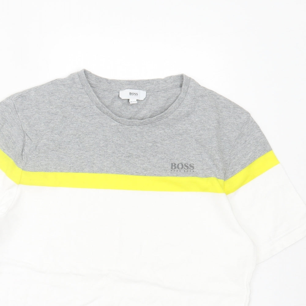 HUGO BOSS Boys Grey Striped Cotton Basic T-Shirt Size 10 Years Crew Neck Pullover