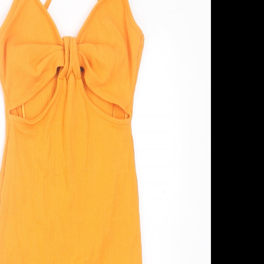 Primark Womens Orange Cotton Bodycon Size 6 V-Neck Pullover - Cut out detail