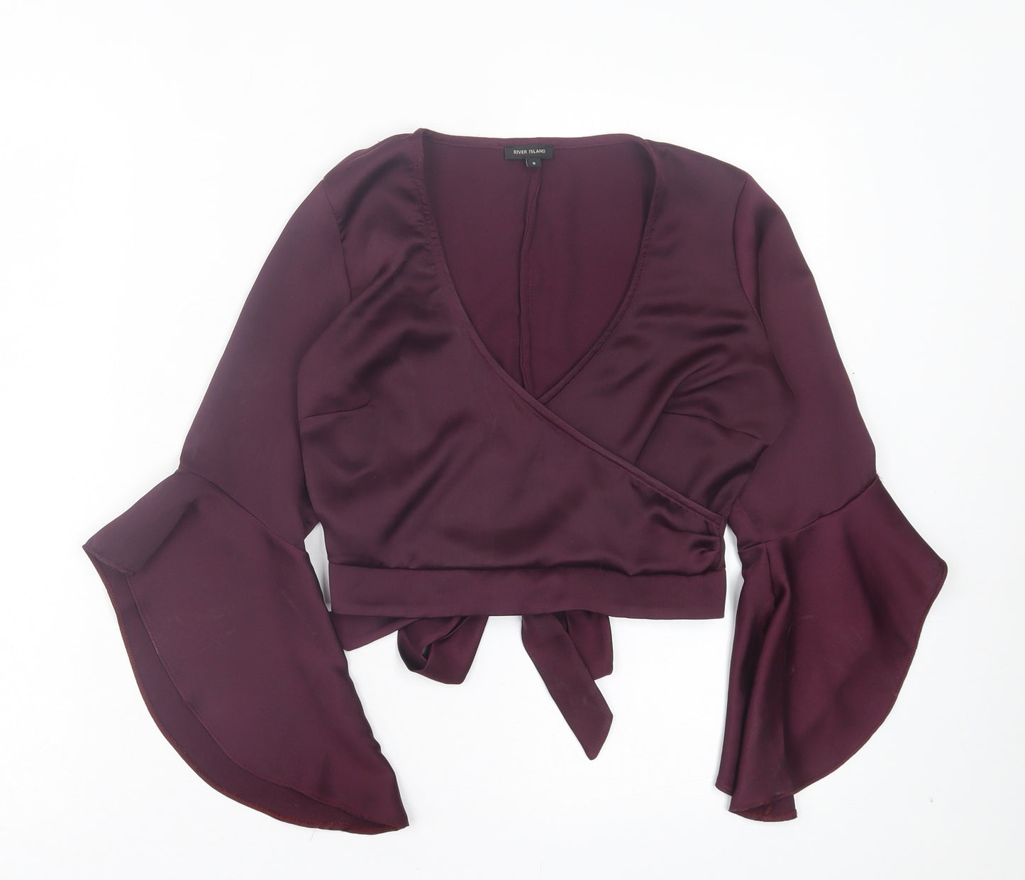 River Island Womens Purple Polyester Wrap Blouse Size 8 V-Neck - Cropped Flared Sleeves