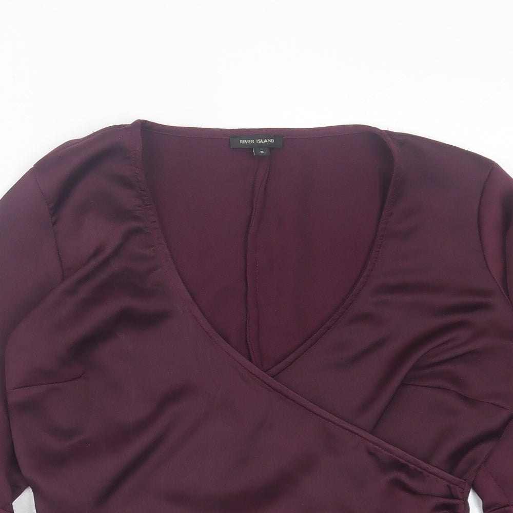 River Island Womens Purple Polyester Wrap Blouse Size 8 V-Neck - Cropped Flared Sleeves