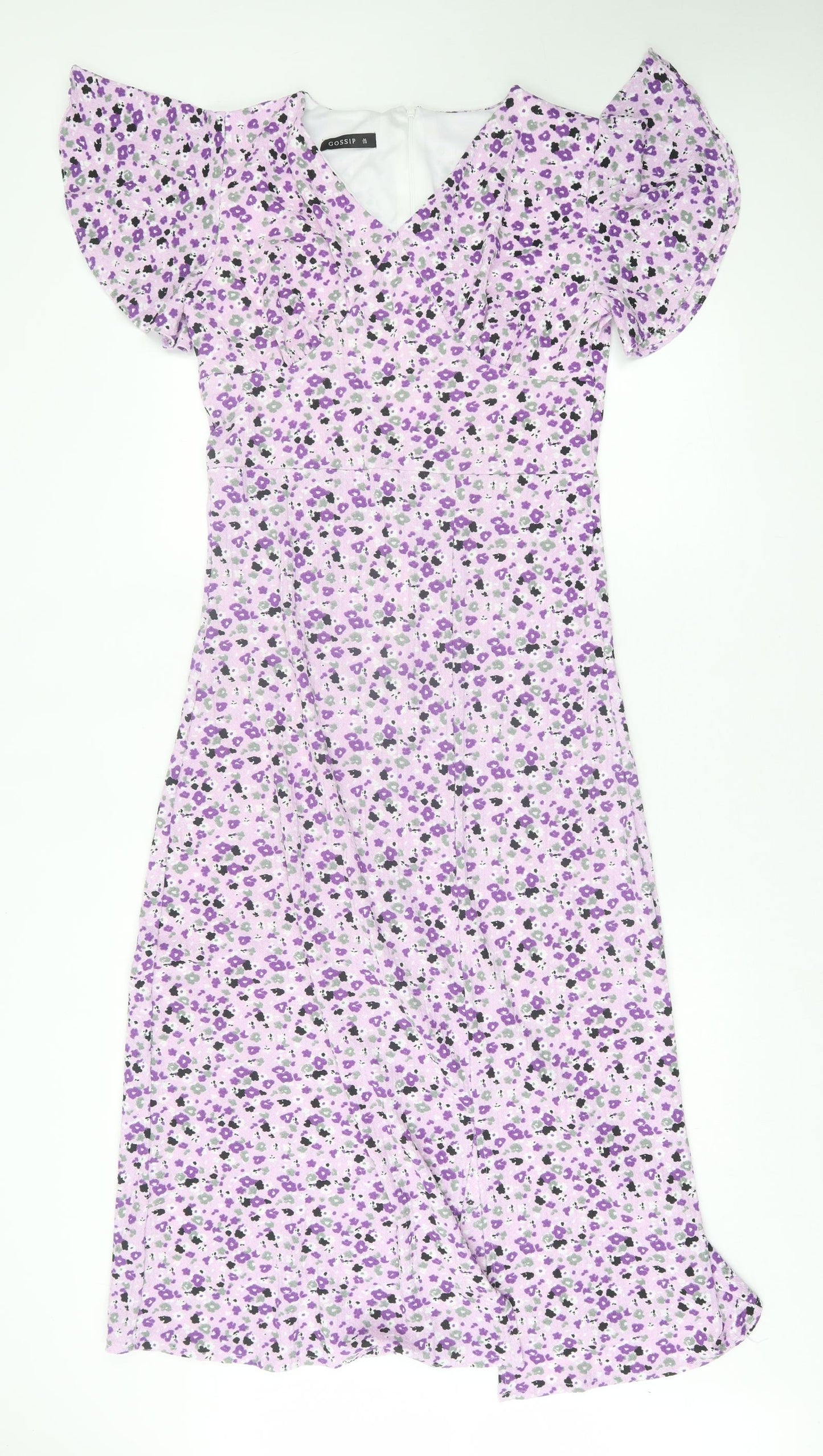Gossip Womens Purple Floral Polyester A-Line Size M V-Neck Zip