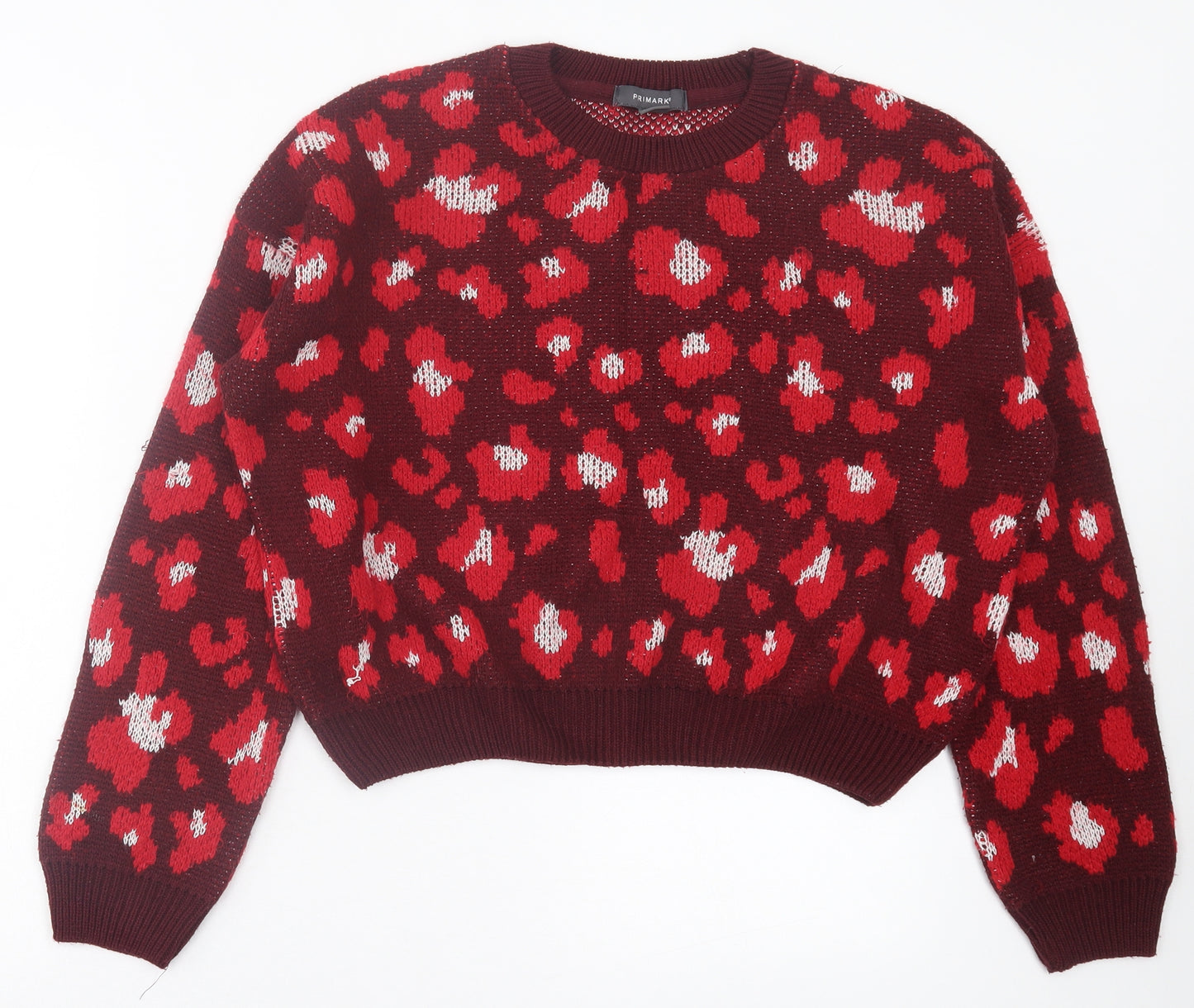 Primark Womens Red Crew Neck Animal Print Acrylic Pullover Jumper Size M - Leopard Print