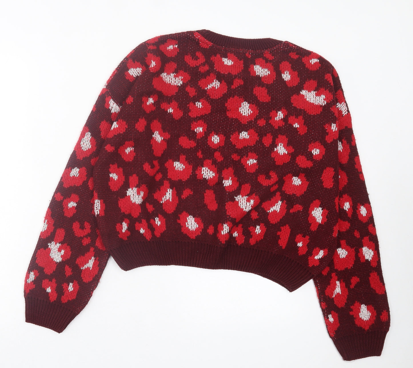 Primark Womens Red Crew Neck Animal Print Acrylic Pullover Jumper Size M - Leopard Print