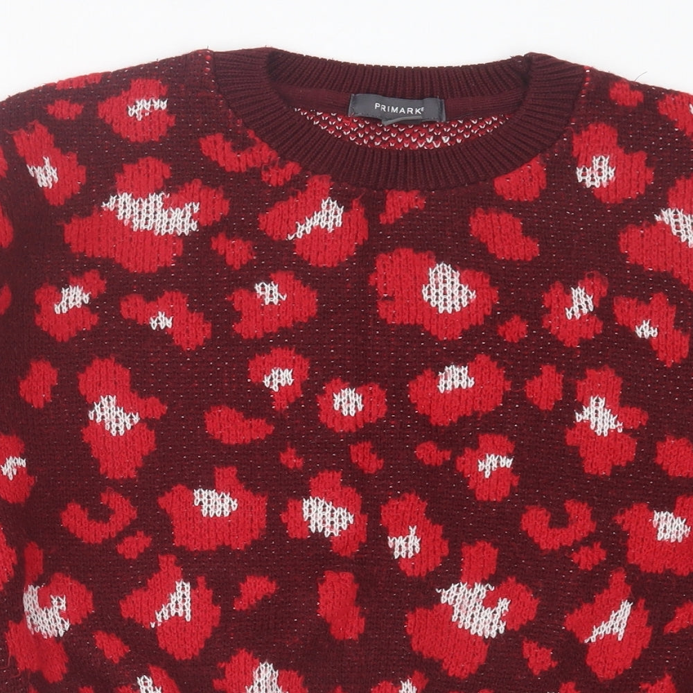 Primark Womens Red Crew Neck Animal Print Acrylic Pullover Jumper Size M - Leopard Print