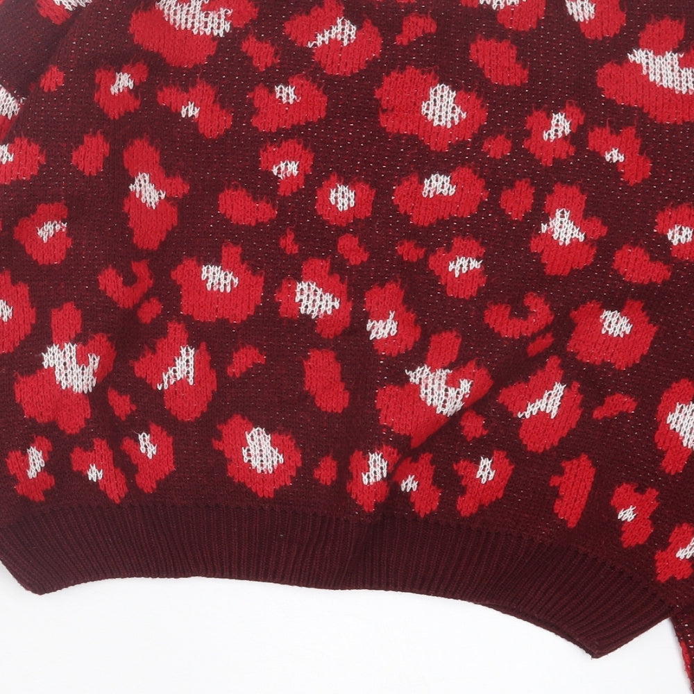 Primark Womens Red Crew Neck Animal Print Acrylic Pullover Jumper Size M - Leopard Print