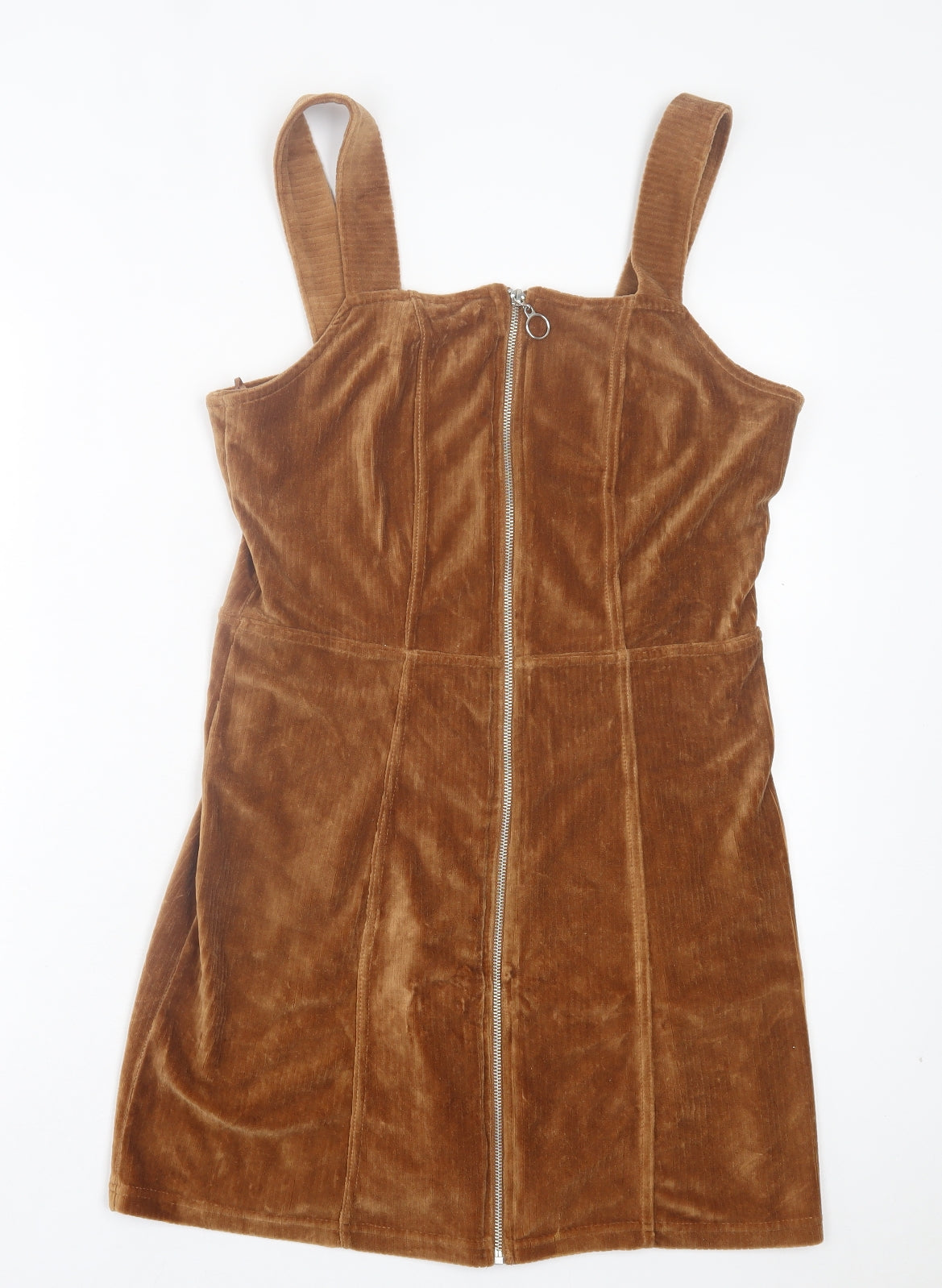 Primark Womens Brown Cotton Pinafore/Dungaree Dress Size 14 Square Neck Zip