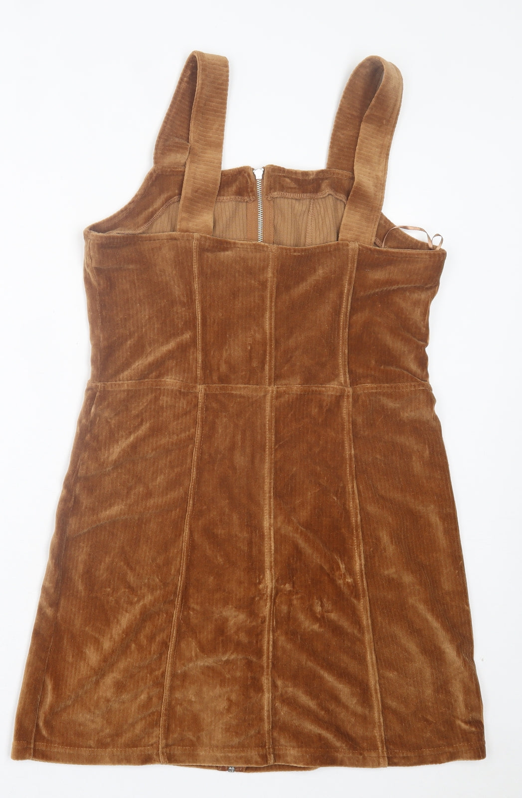 Primark Womens Brown Cotton Pinafore/Dungaree Dress Size 14 Square Neck Zip