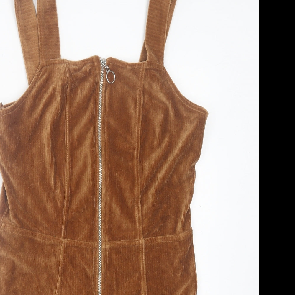 Primark Womens Brown Cotton Pinafore/Dungaree Dress Size 14 Square Neck Zip
