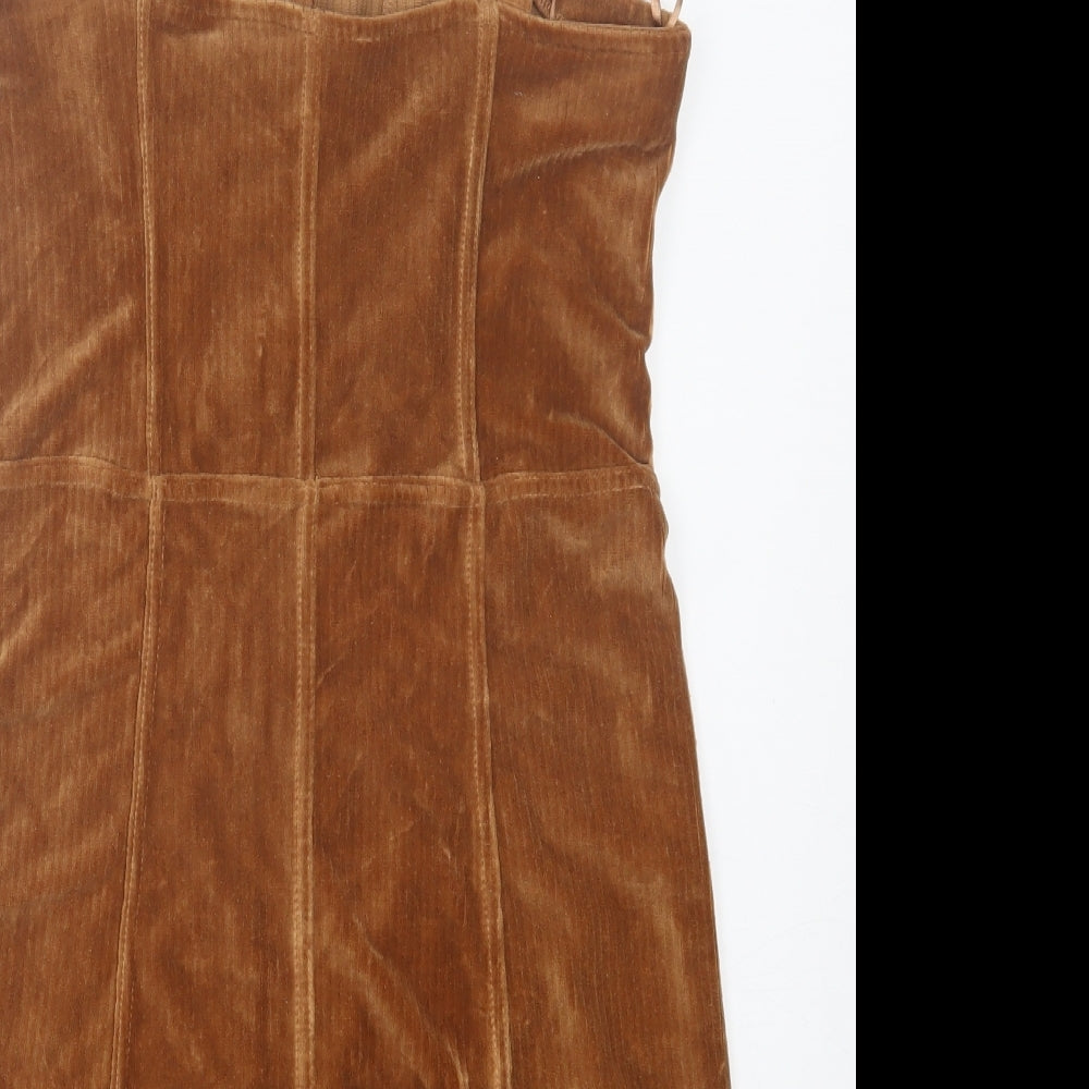 Primark Womens Brown Cotton Pinafore/Dungaree Dress Size 14 Square Neck Zip