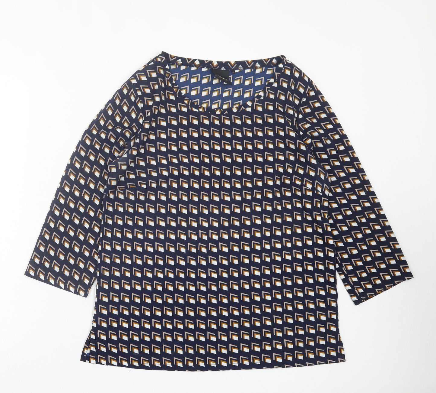 ICHI Womens Blue Geometric Polyester Basic T-Shirt Size 12 Crew Neck
