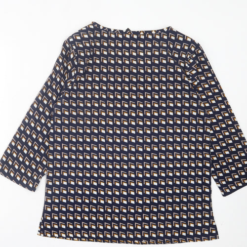 ICHI Womens Blue Geometric Polyester Basic T-Shirt Size 12 Crew Neck