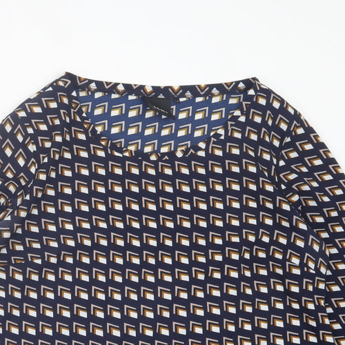 ICHI Womens Blue Geometric Polyester Basic T-Shirt Size 12 Crew Neck