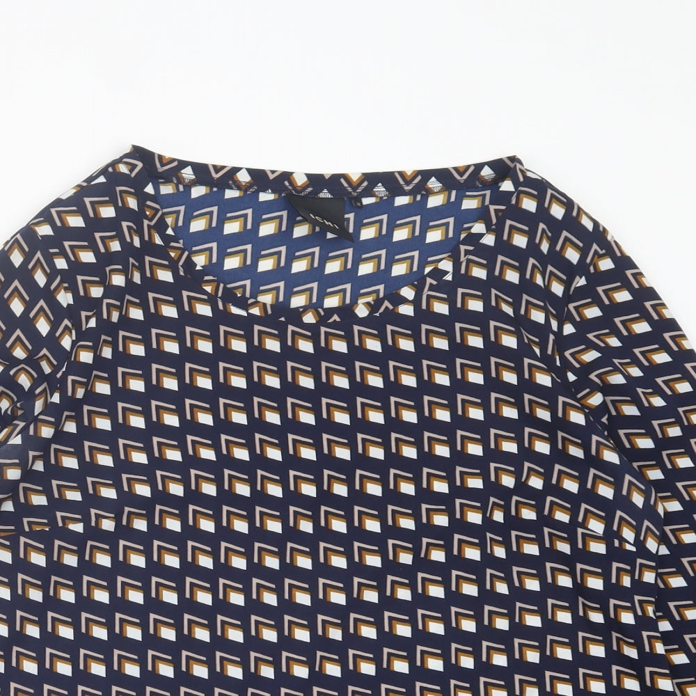 ICHI Womens Blue Geometric Polyester Basic T-Shirt Size 12 Crew Neck