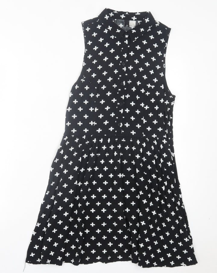 H&M Womens Black Geometric Viscose A-Line Size 12 Collared Zip - Cross Print