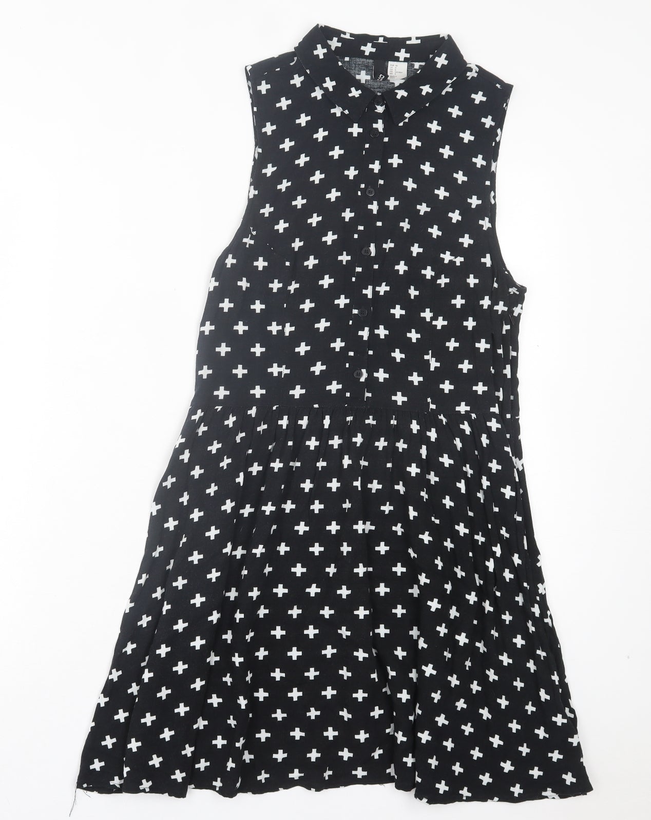 H&M Womens Black Geometric Viscose A-Line Size 12 Collared Zip - Cross Print