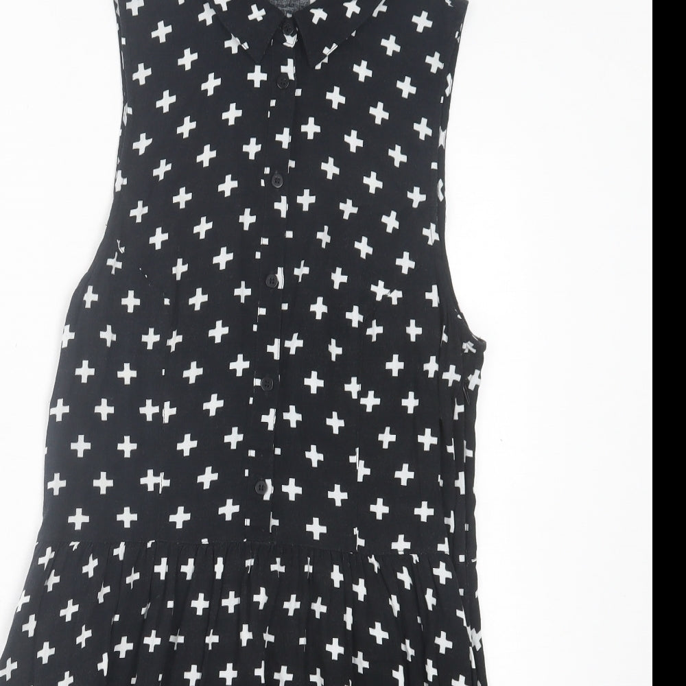 H&M Womens Black Geometric Viscose A-Line Size 12 Collared Zip - Cross Print