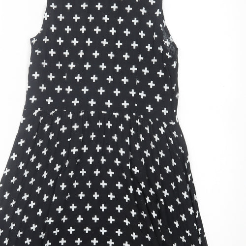 H&M Womens Black Geometric Viscose A-Line Size 12 Collared Zip - Cross Print