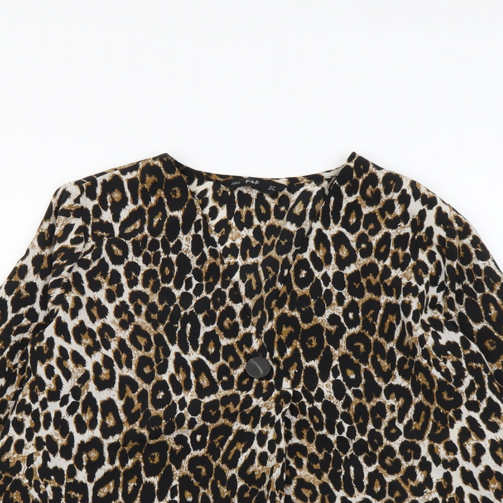 F&F Womens Brown Animal Print Polyester Basic Blouse Size 10 V-Neck - Leopard print