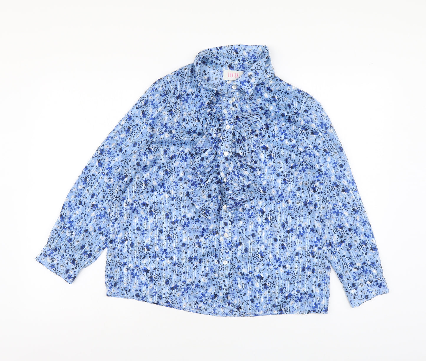 Savida Womens Blue Floral Polyester Basic Button-Up Size M Collared