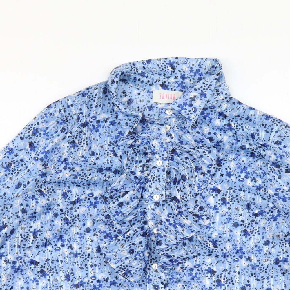 Savida Womens Blue Floral Polyester Basic Button-Up Size M Collared
