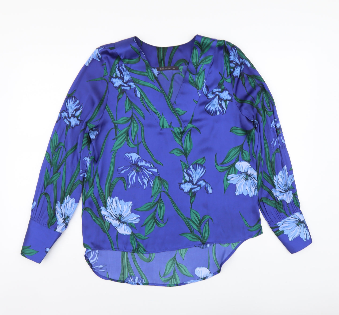 Marks and Spencer Womens Blue Floral Polyester Basic Blouse Size 10 V-Neck