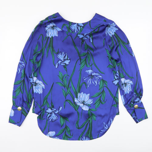 Marks and Spencer Womens Blue Floral Polyester Basic Blouse Size 10 V-Neck