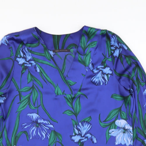 Marks and Spencer Womens Blue Floral Polyester Basic Blouse Size 10 V-Neck