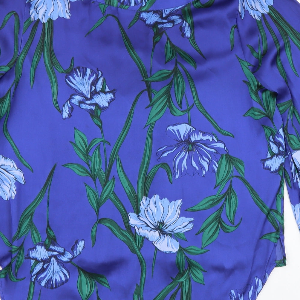 Marks and Spencer Womens Blue Floral Polyester Basic Blouse Size 10 V-Neck