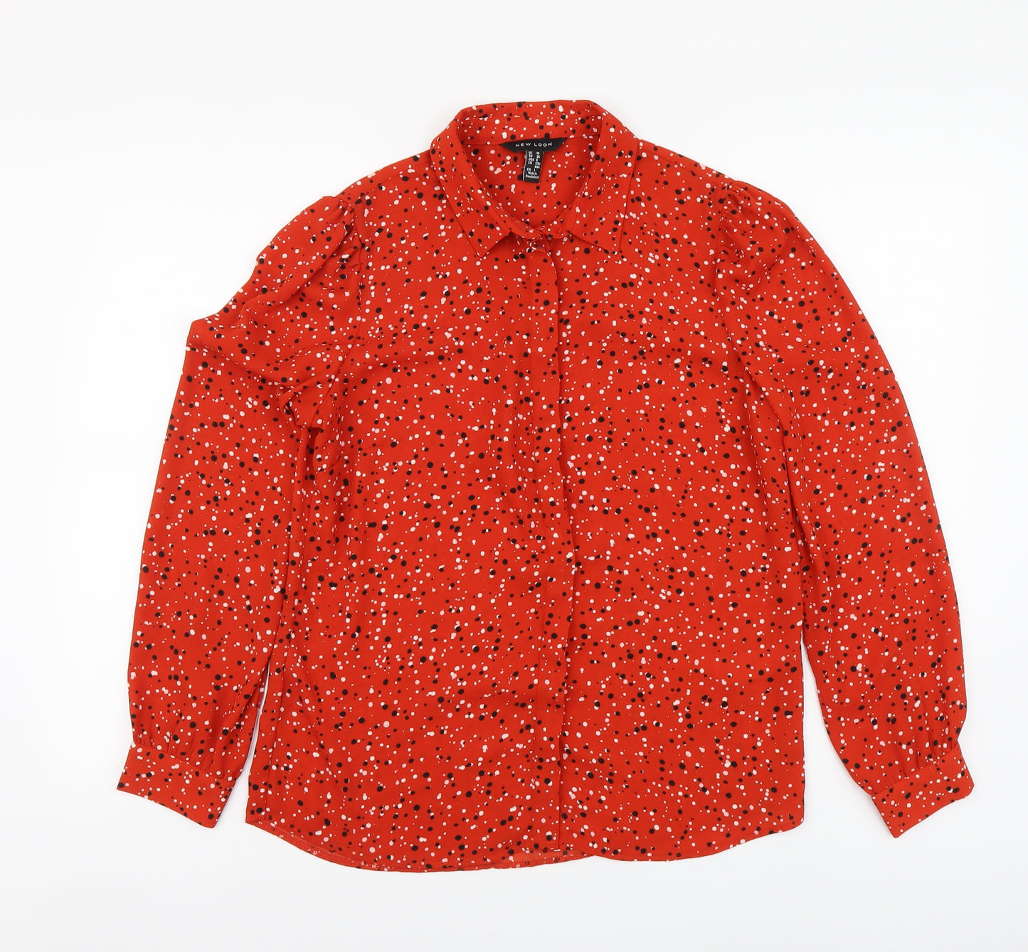 New Look Womens Red Geometric Polyester Basic Button-Up Size 10 Collared