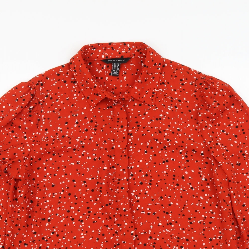 New Look Womens Red Geometric Polyester Basic Button-Up Size 10 Collared