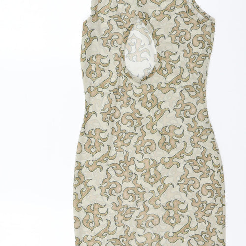 PRETTYLITTLETHING Womens Beige Geometric Polyester Bodycon Size 4 Round Neck Pullover