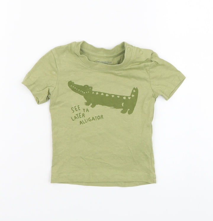 Primark Boys Green Cotton Basic T-Shirt Size 3-6 Months Round Neck Pullover - Alligator