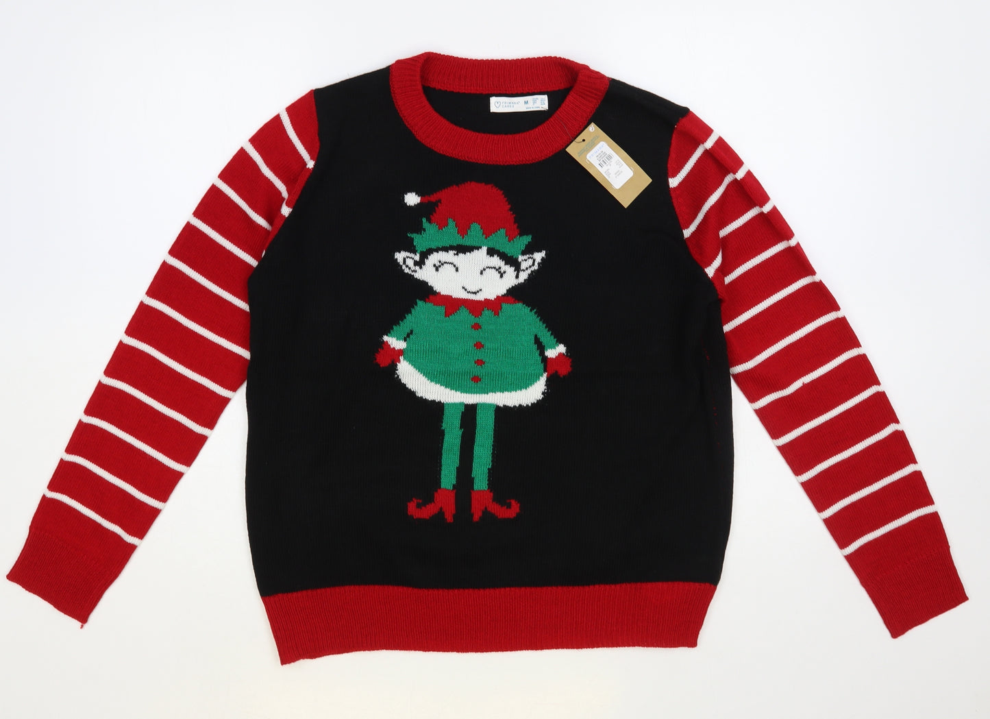 Primark Womens Black Crew Neck Striped Acrylic Pullover Jumper Size 12 - Christmas Elf