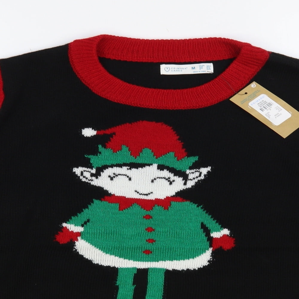 Primark Womens Black Crew Neck Striped Acrylic Pullover Jumper Size 12 - Christmas Elf