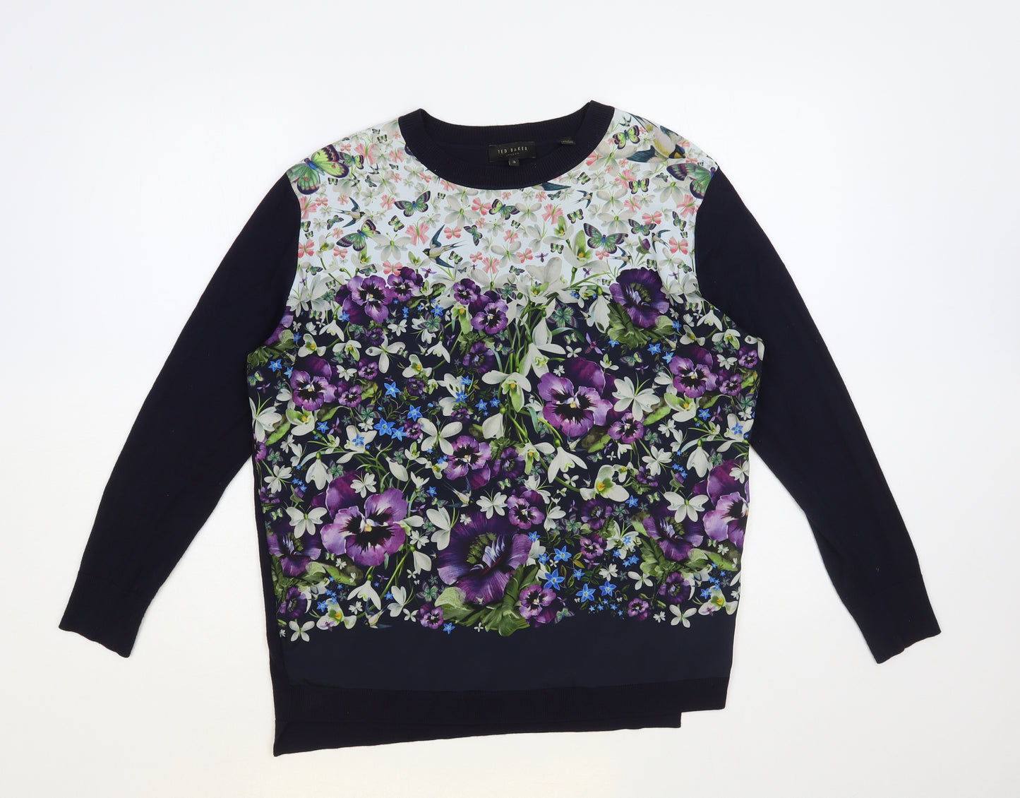 Ted Baker Womens Blue Crew Neck Floral Viscose Pullover Jumper Size M