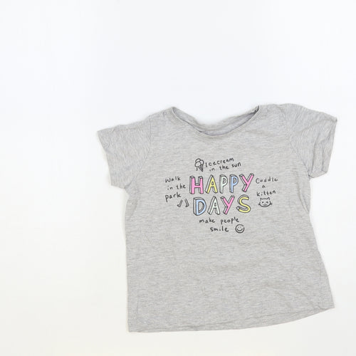 Primark Girls Grey Cotton Pullover T-Shirt Size 6-7 Years Crew Neck Pullover - Happy Days
