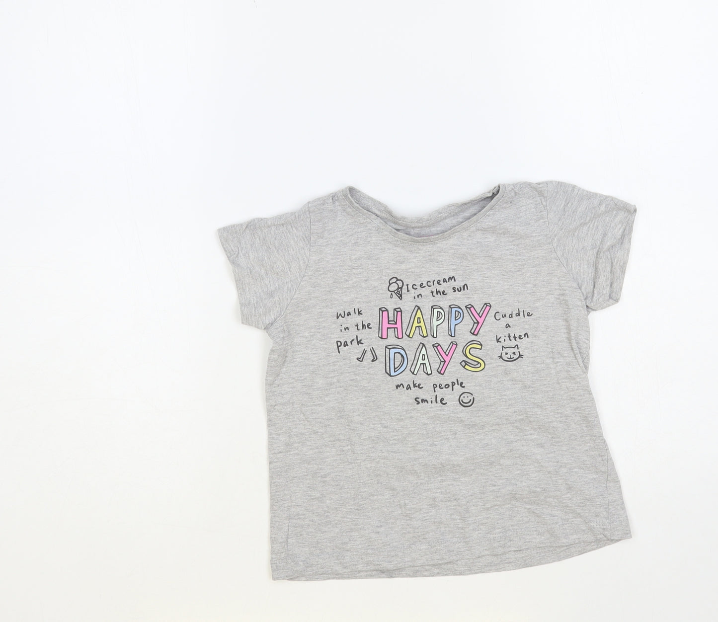 Primark Girls Grey Cotton Pullover T-Shirt Size 6-7 Years Crew Neck Pullover - Happy Days