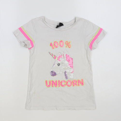 Primark Girls White Cotton Pullover T-Shirt Size 7-8 Years Crew Neck Pullover - Unicorn